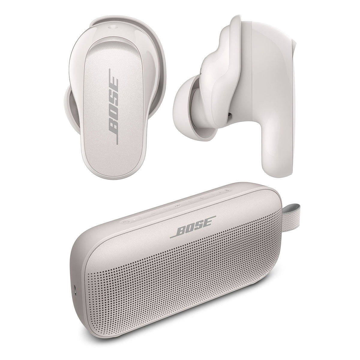 Bose QuietComfort Earbuds II True Wireless with Personalized Noise Cancellation (Soapstone) Bose SoundLink Flex Bluetooth Portable Speaker (White