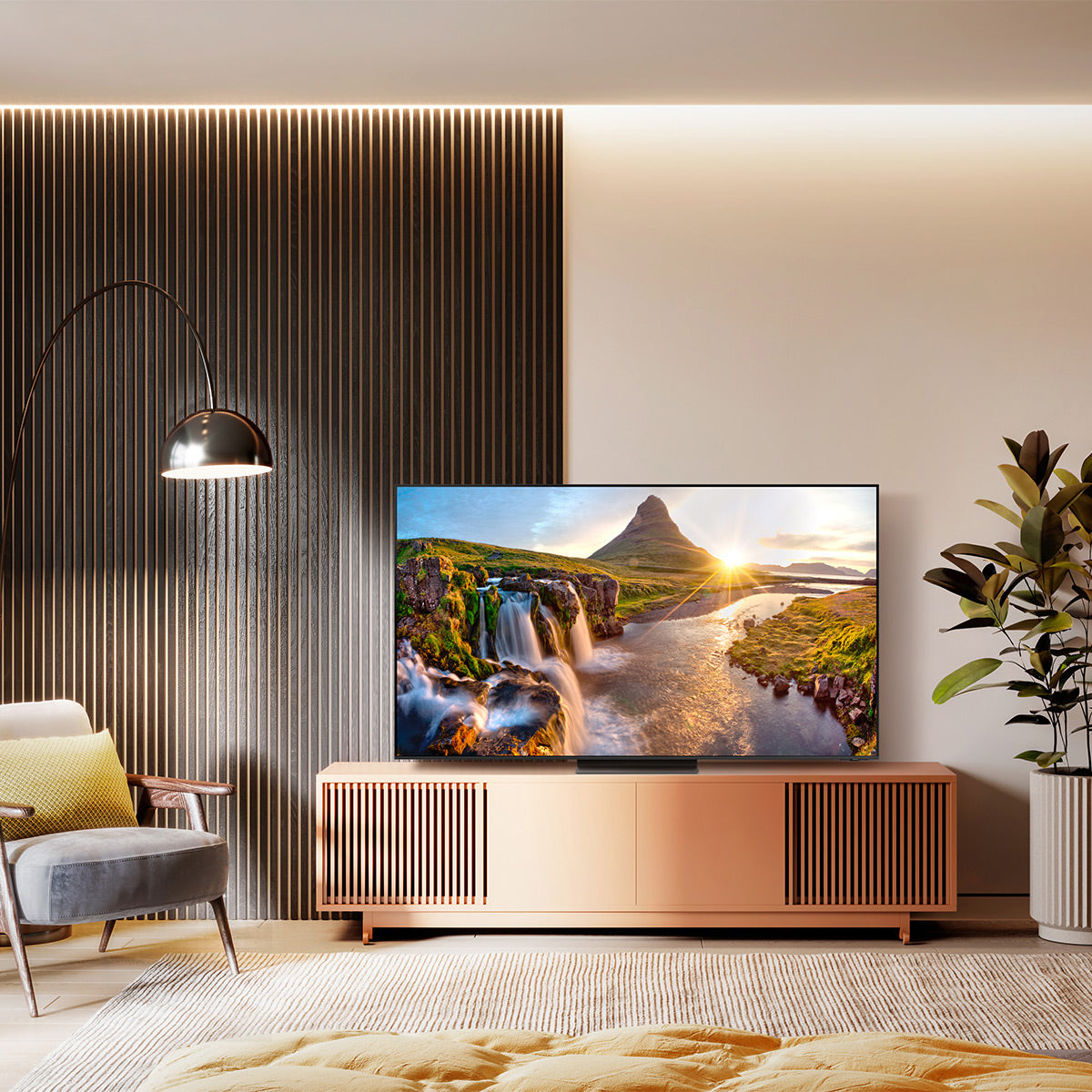 Premium AI Image  Threedimensional view of modern apartment with furniture  and gadgets in the foreground