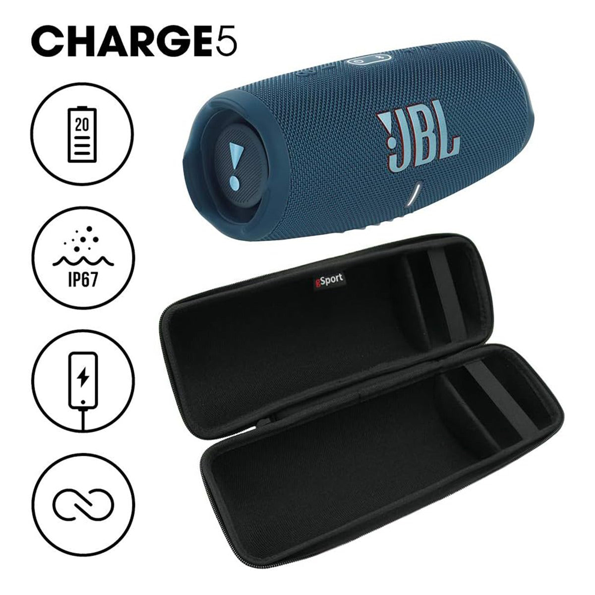 JBL Charge 5 Waterproof Portable Bluetooth Speaker with gSport Carbon Fiber Case (Blue)