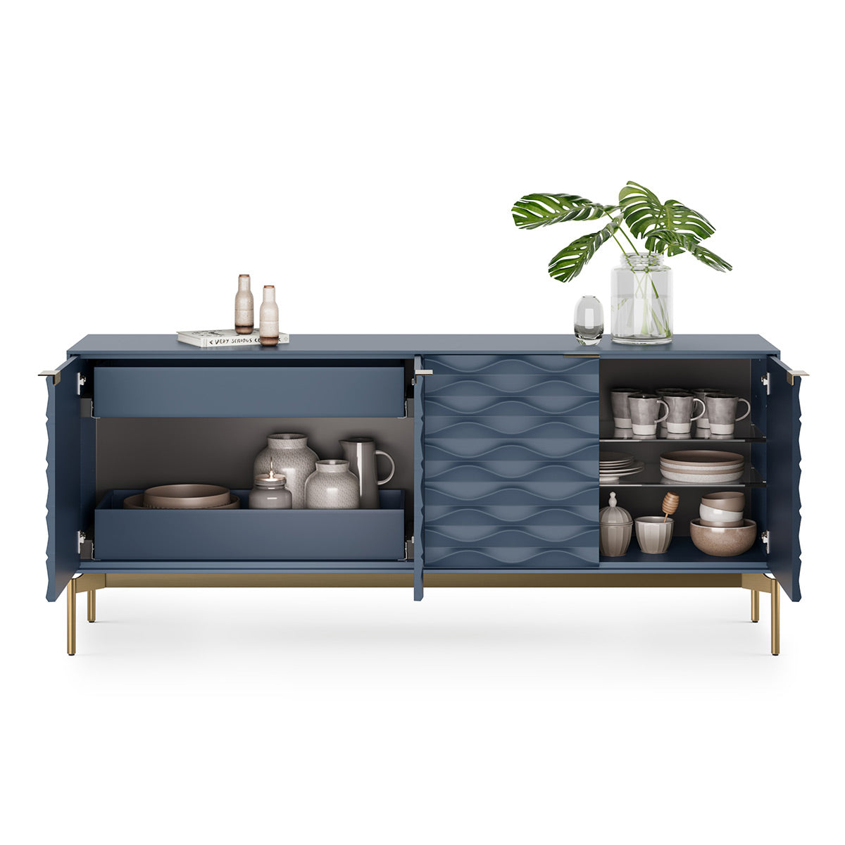 BDI Ripple 7629 4-Door Storage Credenza (Ocean with Brass Base)