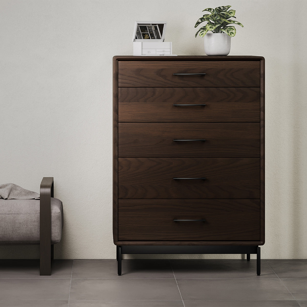 BDI LINQ 9185 Storage Chest with 5 Self-Closing Drawers and Metal Base (Toasted Oak)