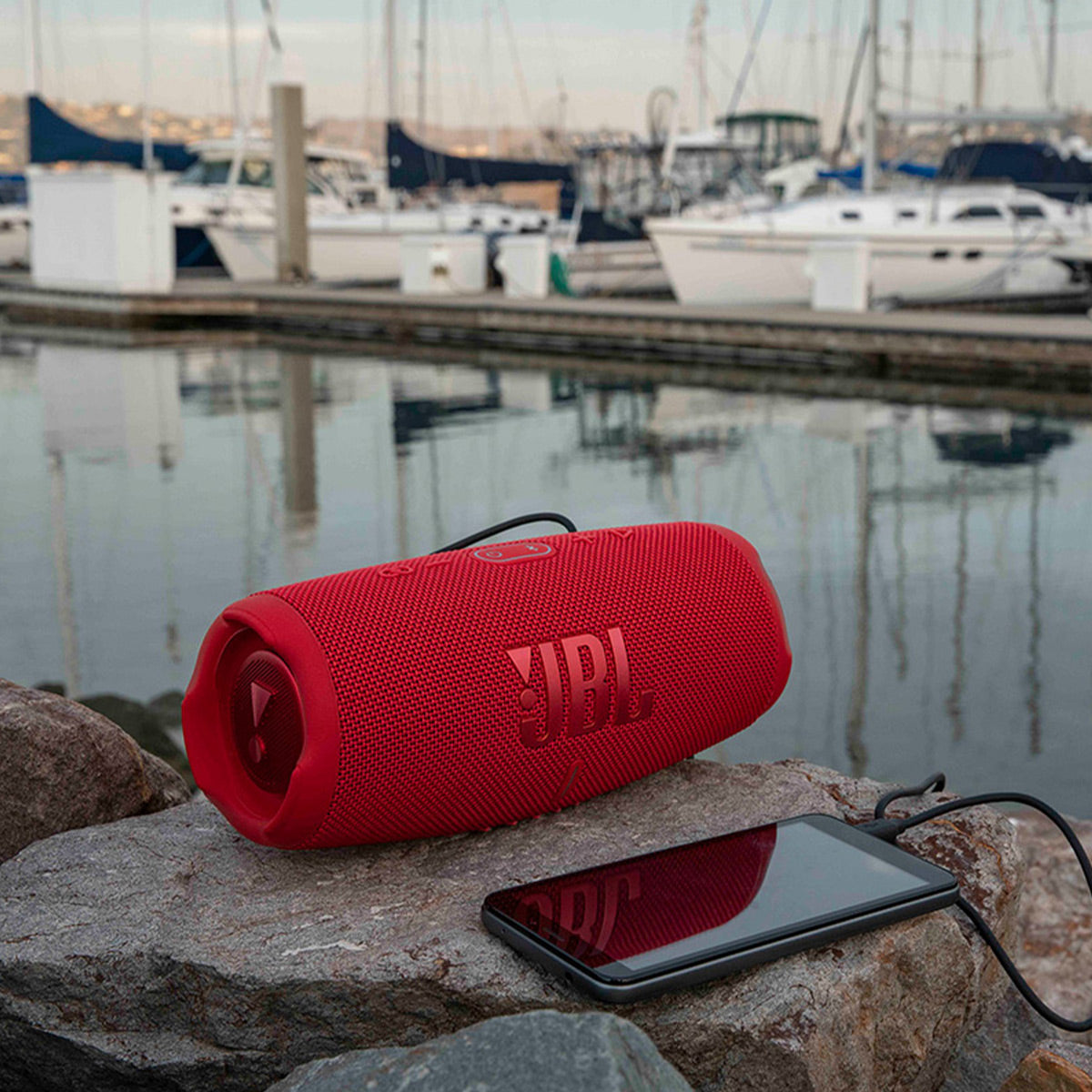 JBL Charge 5 Waterproof Portable Bluetooth Speaker with gSport Carbon Fiber Case (Red)