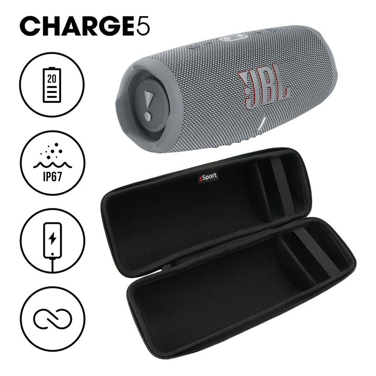 JBL Charge 5 Waterproof Portable Bluetooth Speaker with gSport Carbon Fiber Case (Gray)