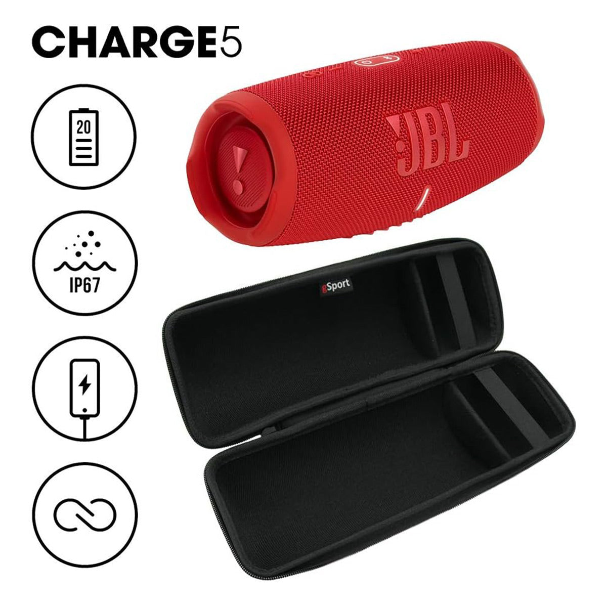 JBL Charge 5 Waterproof Portable Bluetooth Speaker with gSport Carbon Fiber Case (Red)