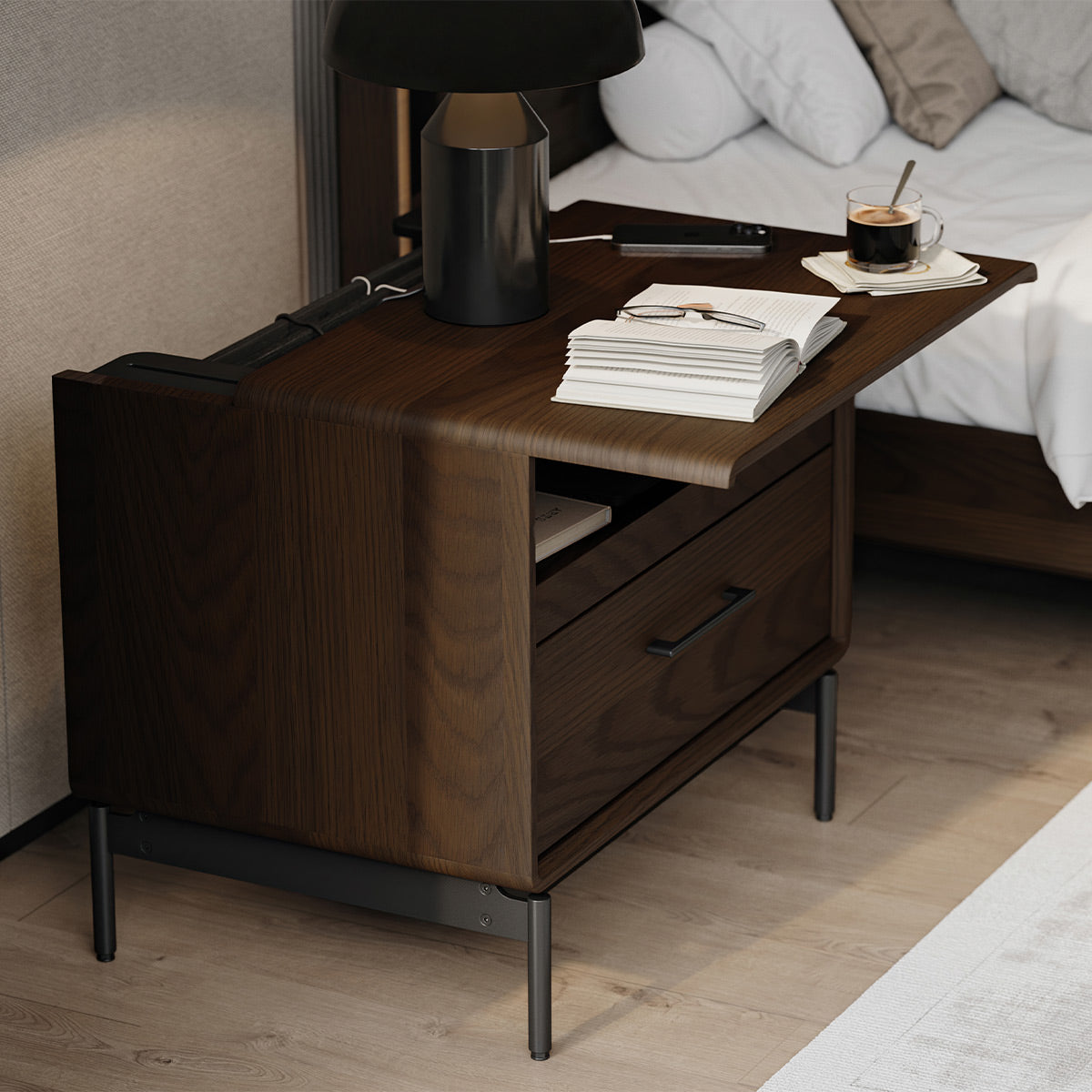 BDI LINQ 9182 28&rdquo; Nightstand with Sliding Shelves and Integrated Power Station (Toasted Oak)