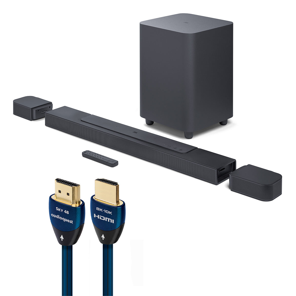 JBL BAR 700 5.1 Soundbar Bundle with 10 in. Wireless Subwoofer Detachable Rear Speakers and AudioQuest Sky 3m HDMI Cable