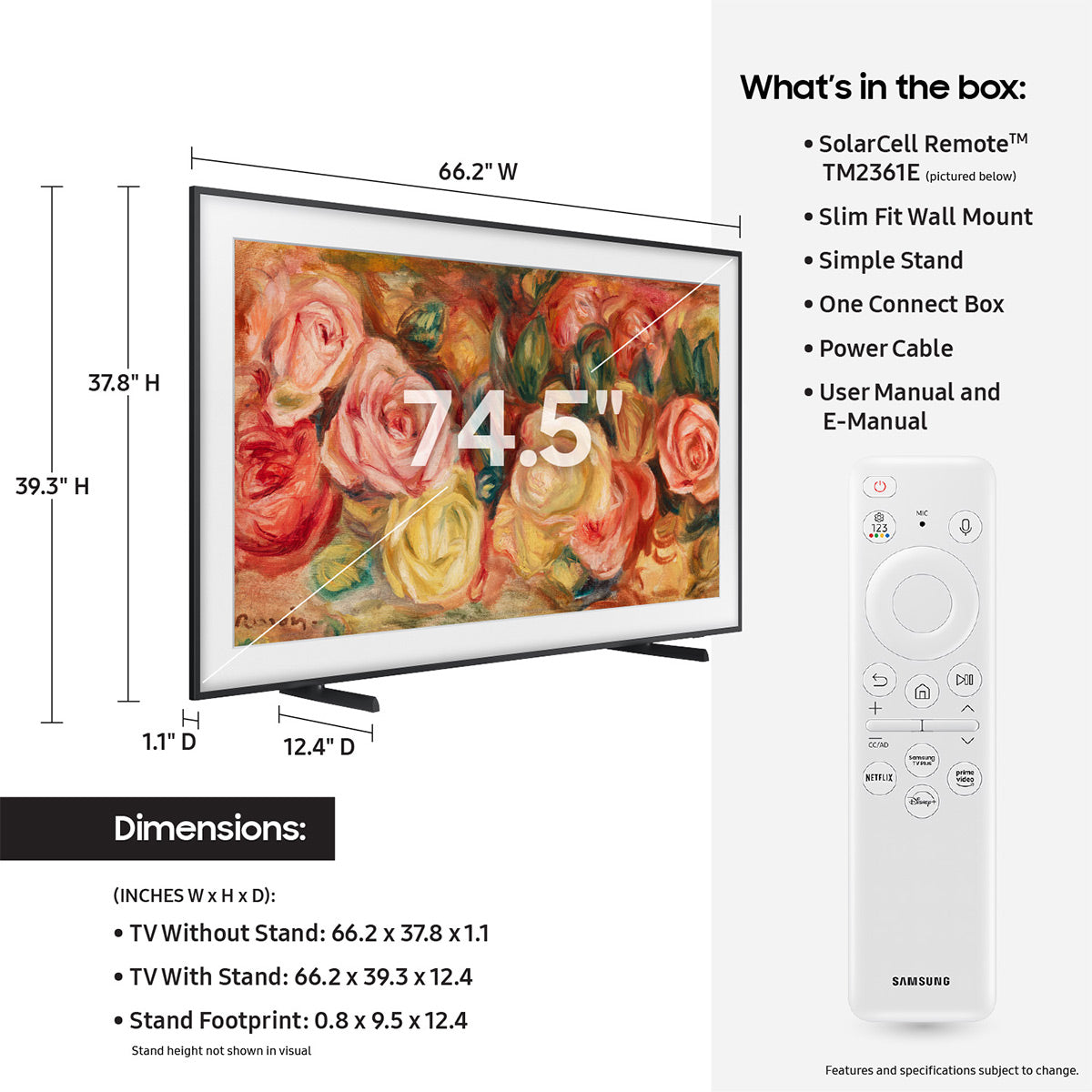 Samsung QN75LS03DA 75" 4K The Frame QLED HDR Smart TV (2024) with HW-S801D 3.1.2-Channel Soundbar and Wireless Subwoofer (White)