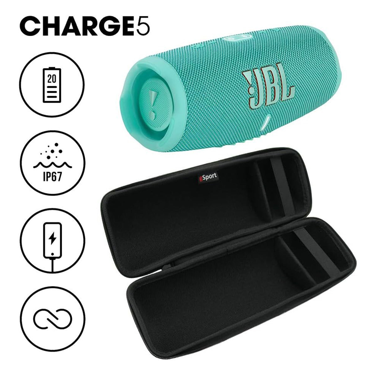 JBL Charge 5 Waterproof Portable Bluetooth Speaker with gSport Carbon Fiber Case (Teal)