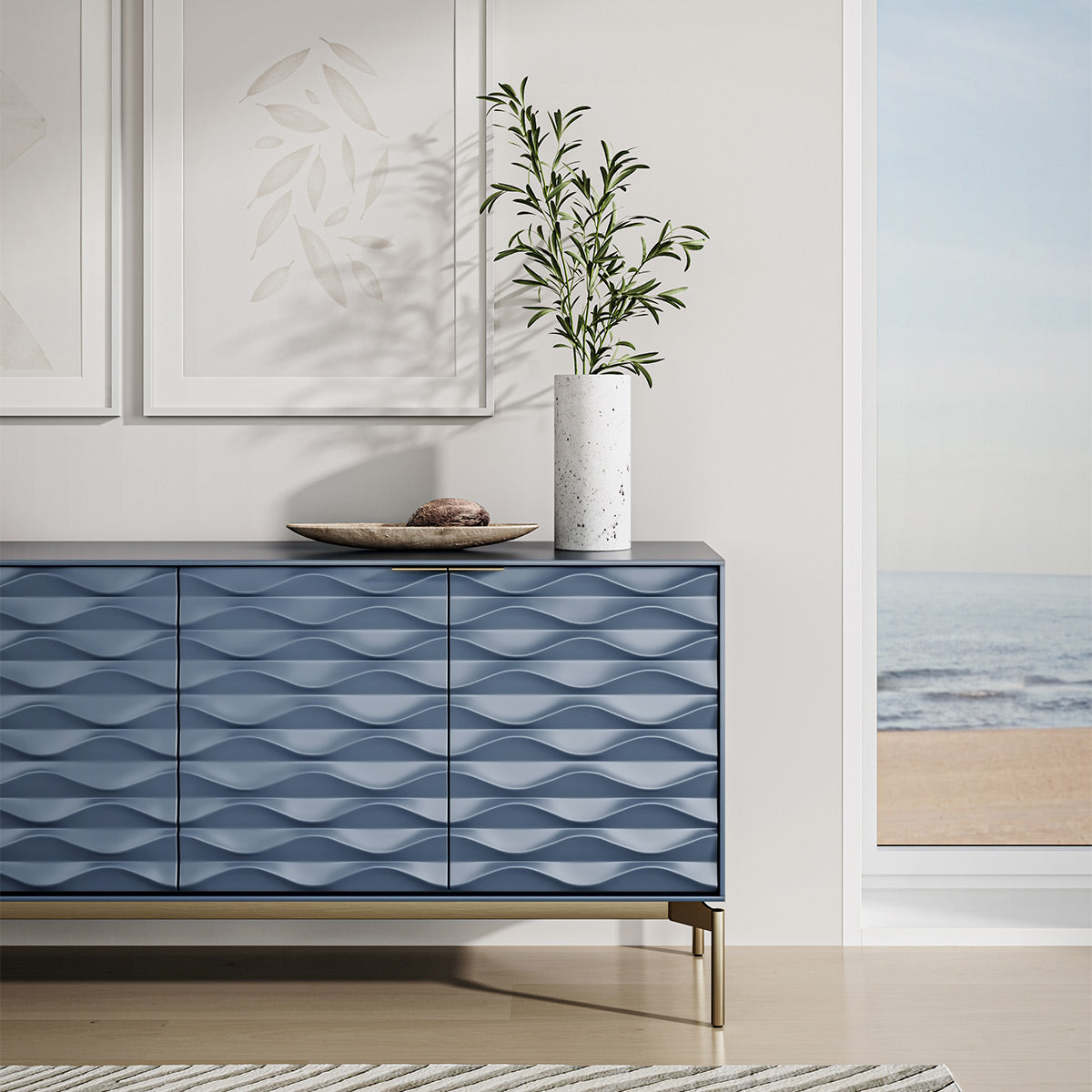 BDI Ripple 7629 4-Door Storage Credenza (Ocean with Brass Base)