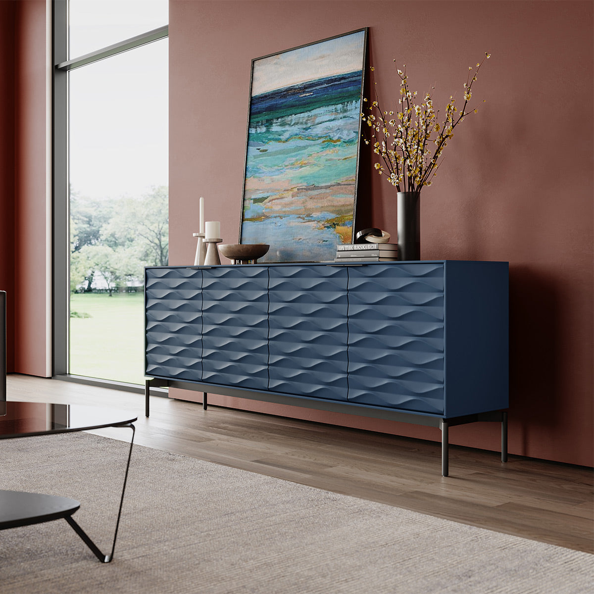 BDI Ripple 7629 4-Door Storage Credenza (Ocean with Carbon Base)