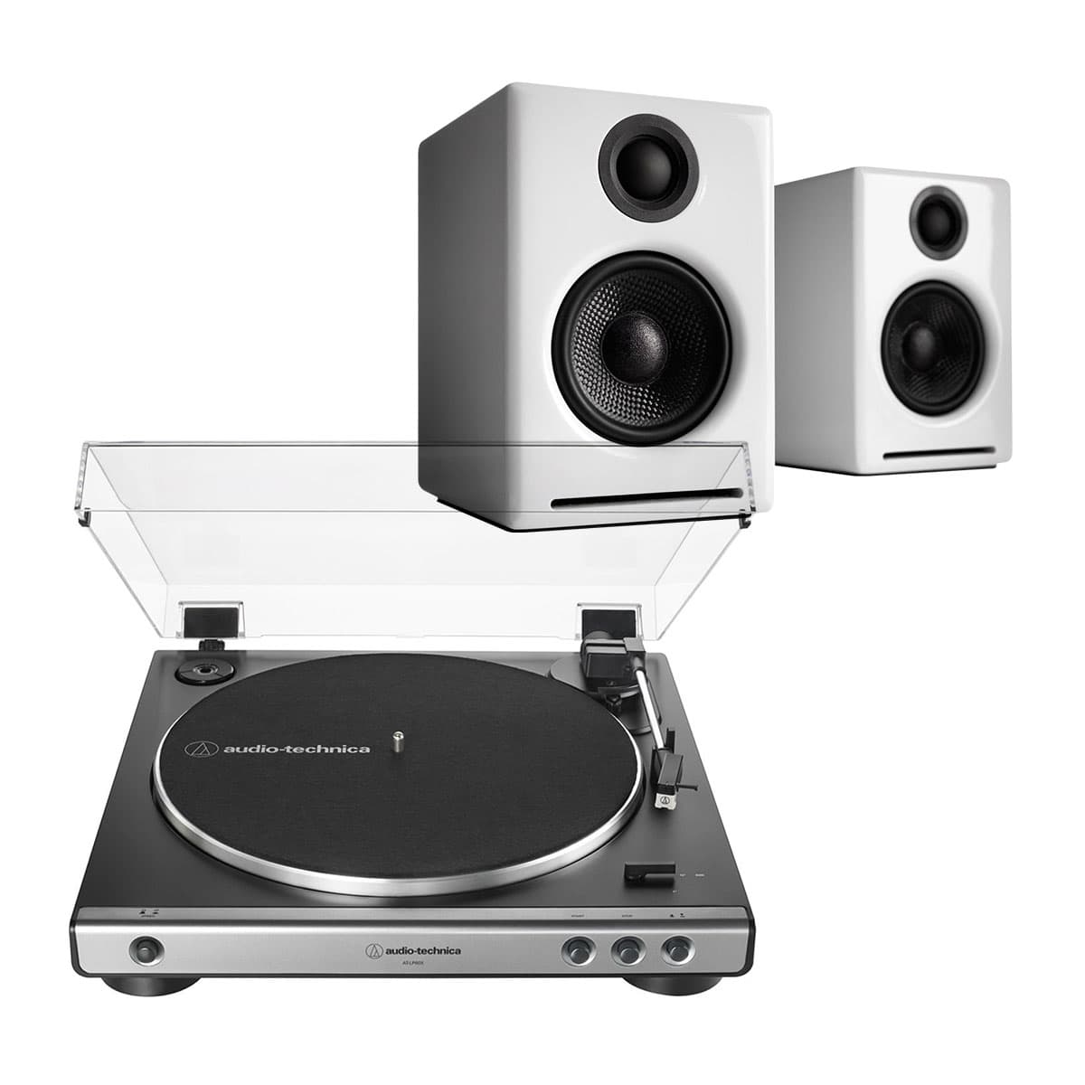 Audio-Technica AT-LP60X-GM Fully Automatic Belt-Drive Stereo Turntable (Gunmetal) with Audioengine A2+ Premium Powered Wireless Desktop Speakers - Pair (White)