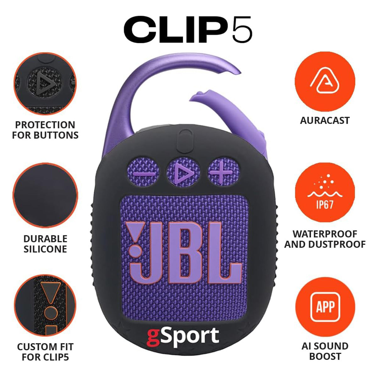 JBL Clip 5 Ultra Portable Bluetooth Speaker with gSport Silicone Sleeve (Purple)