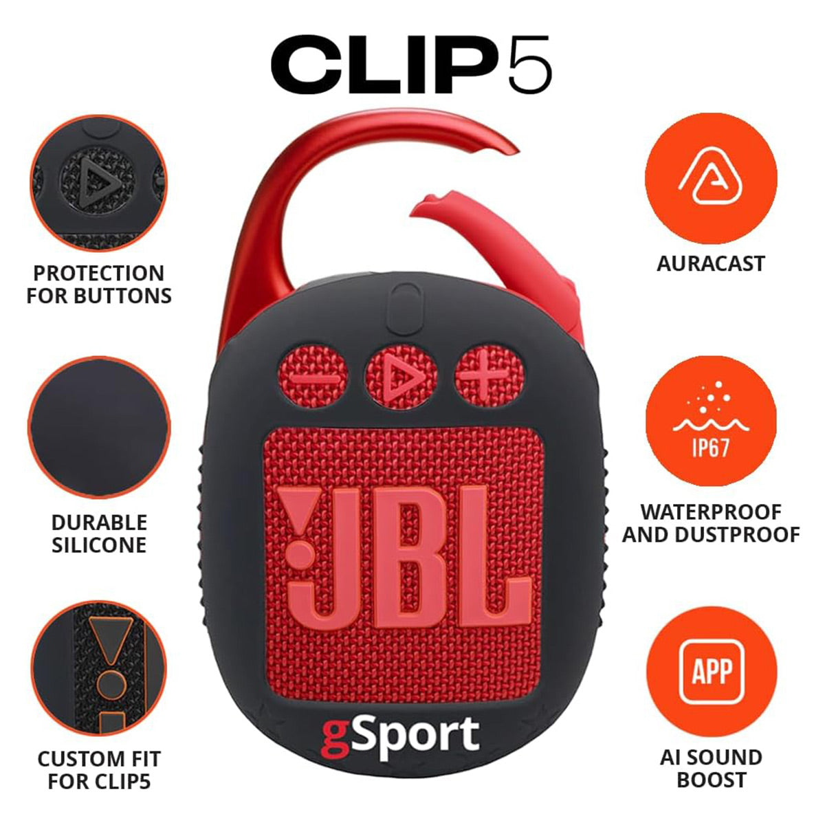 JBL Clip 5 Ultra Portable Bluetooth Speaker with gSport Silicone Sleeve (Red)